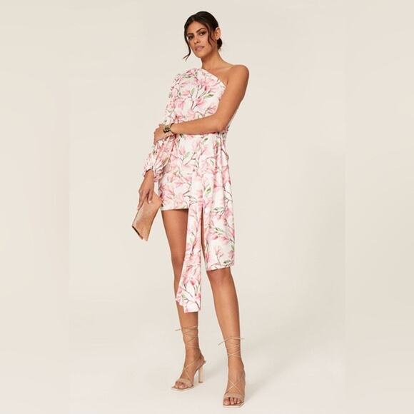 BRONX AND BANCO Layla Floral Pink White One Shoulder Silk Bow Mini Dress Size S - Picture 2 of 14